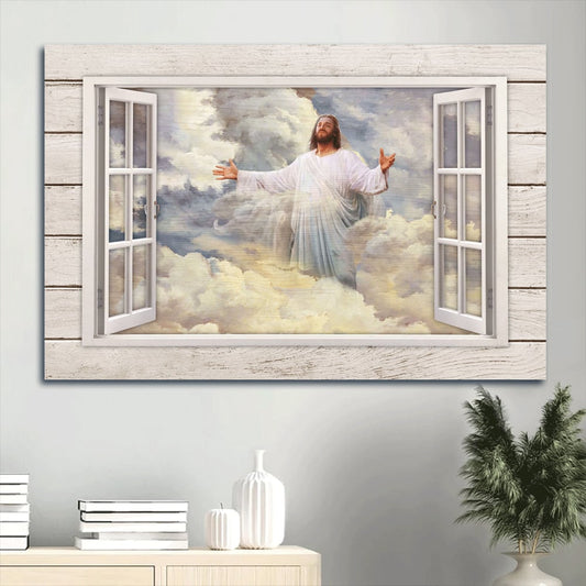Beautiful Heaven Jesus Painting Vintage Windows Jesus In The Clouds Canvas Wall Art - Christian Wall Decor