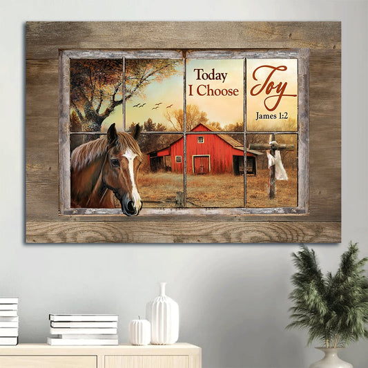Beautiful Horse Colorful Sunset Red House Cross Canvas Today I Choose Joy Canvas Wall Art - Christian Wall Decor