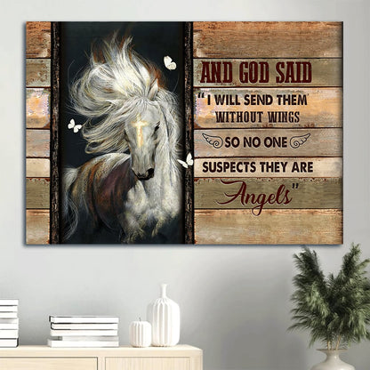 Beautiful Horse Golden Cross White Butterfly Canvas I Will Send Them Without Wings Canvas Wall Art - Christian Wall Decor