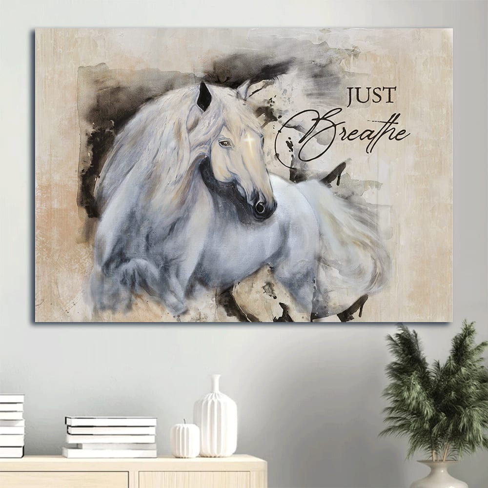 Beautiful Horse Painting White Background Small Cross Canvas Just Breathe Canvas Wall Art - Christian Wall Decor