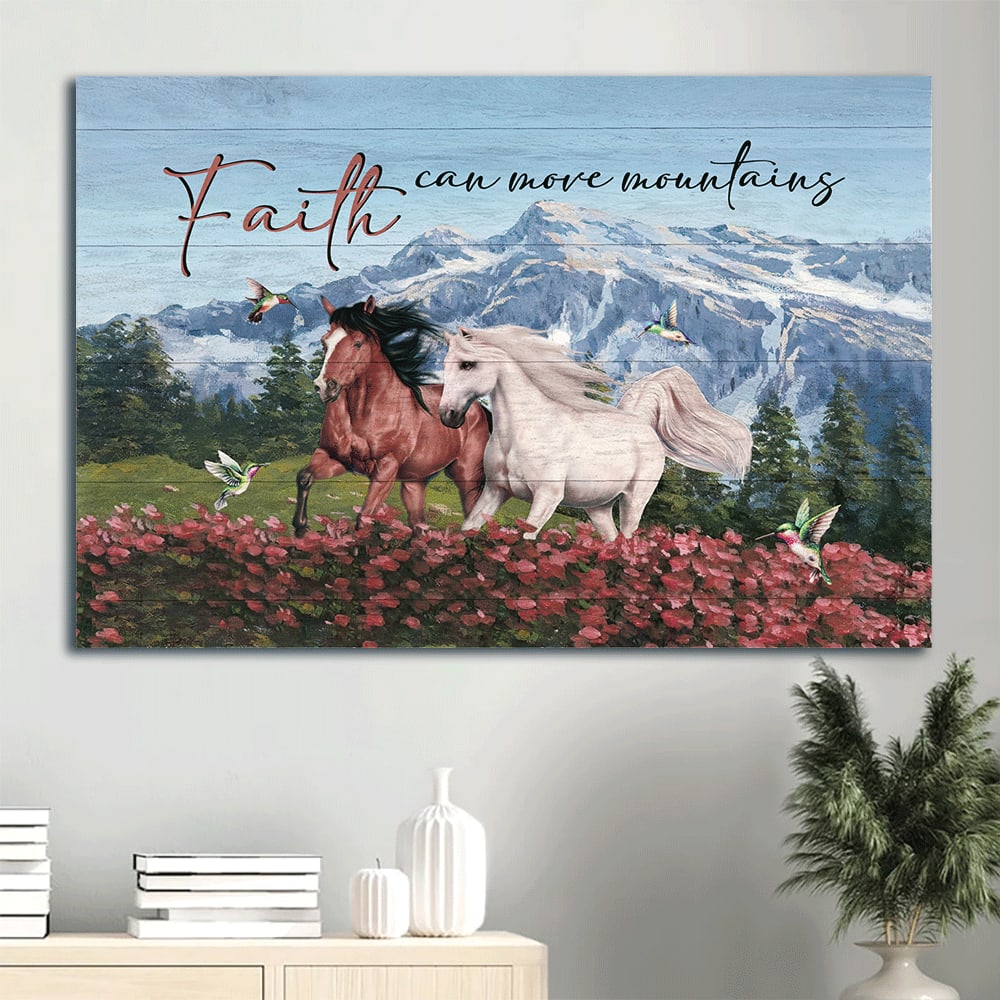 Beautiful Horses Pink Flower Field Hummingbird Canvas Faith Can Move Mountains Canvas Wall Art - Christian Wall Decor