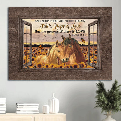 Beautiful Horses Sunflower Field Pretty Sunset Orange Butterfly Canvas The Greatest Of These Is Love Canvas Wall Art - Christian Wall Decor