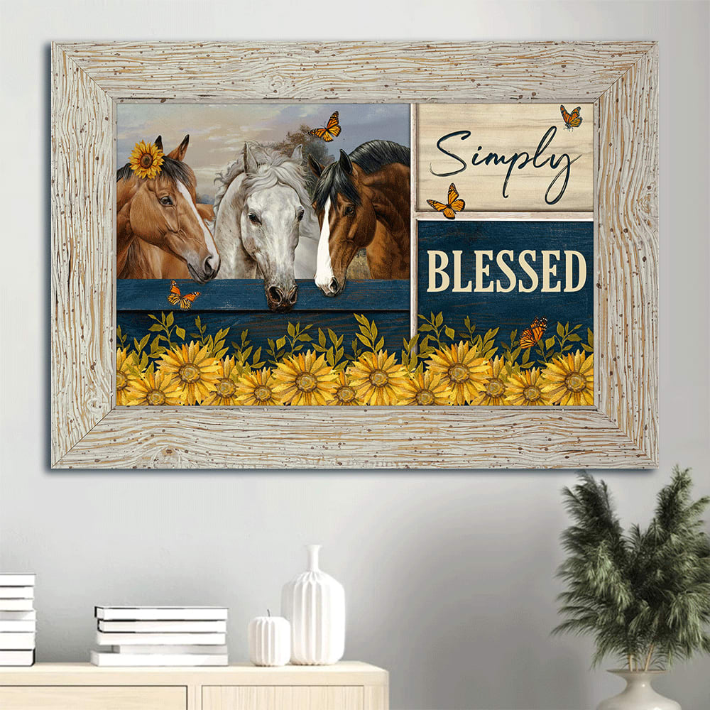 Beautiful Horses Sunflower Garden Monarch Butterfly Canvas Simply Blessed Canvas Wall Art - Christian Wall Decor