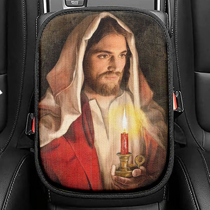 Beautiful Jesus, Dark Night, Candle Painting Car Center Console Cover, Christian Armrest Seat Cover, Bible Seat Box Cover