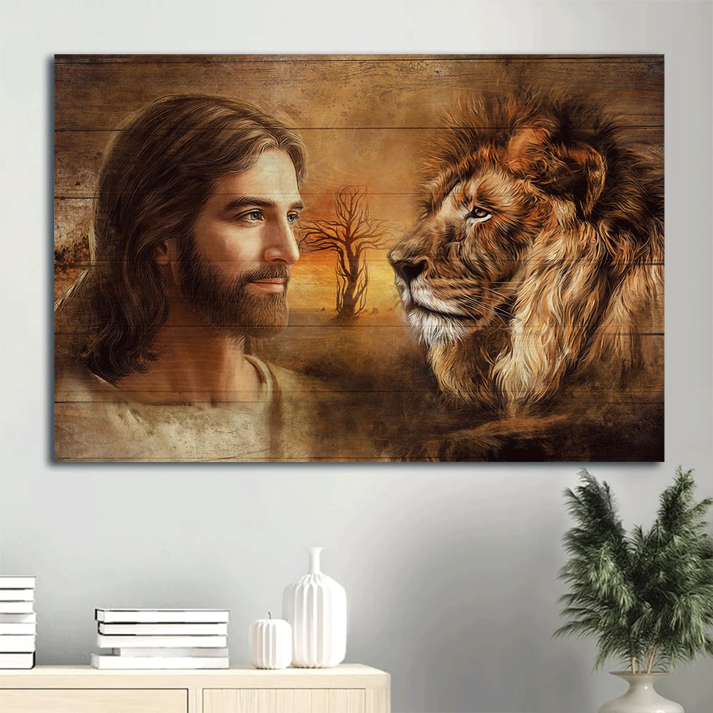 Beautiful Jesus Drawing Lion Face Lion Of Judah Face To Face Canvas Wall Art - Christian Wall Decor