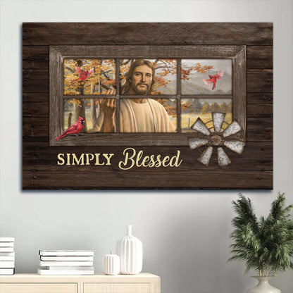 Beautiful Jesus Face Red Cardinal Autumn Forest Simply Blessed Canvas Wall Art - Christian Wall Decor