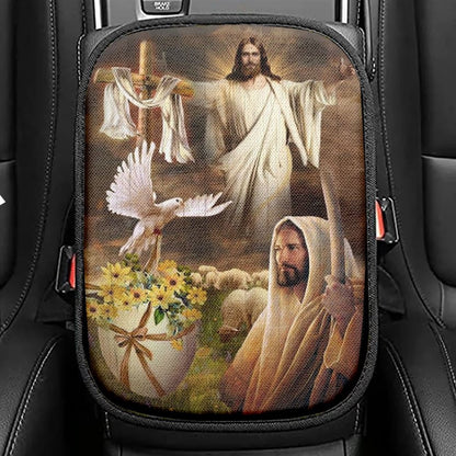 Beautiful Jesus Painting Dove Cross Yellow Flower Car Center Console Cover, Christian Armrest Seat Cover, Bible Seat Box Cover