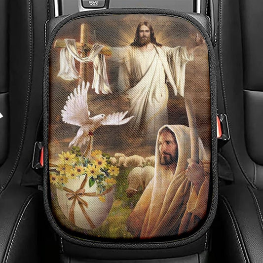 Beautiful Jesus Painting Dove Cross Yellow Flower Car Center Console Cover, Christian Armrest Seat Cover, Bible Seat Box Cover