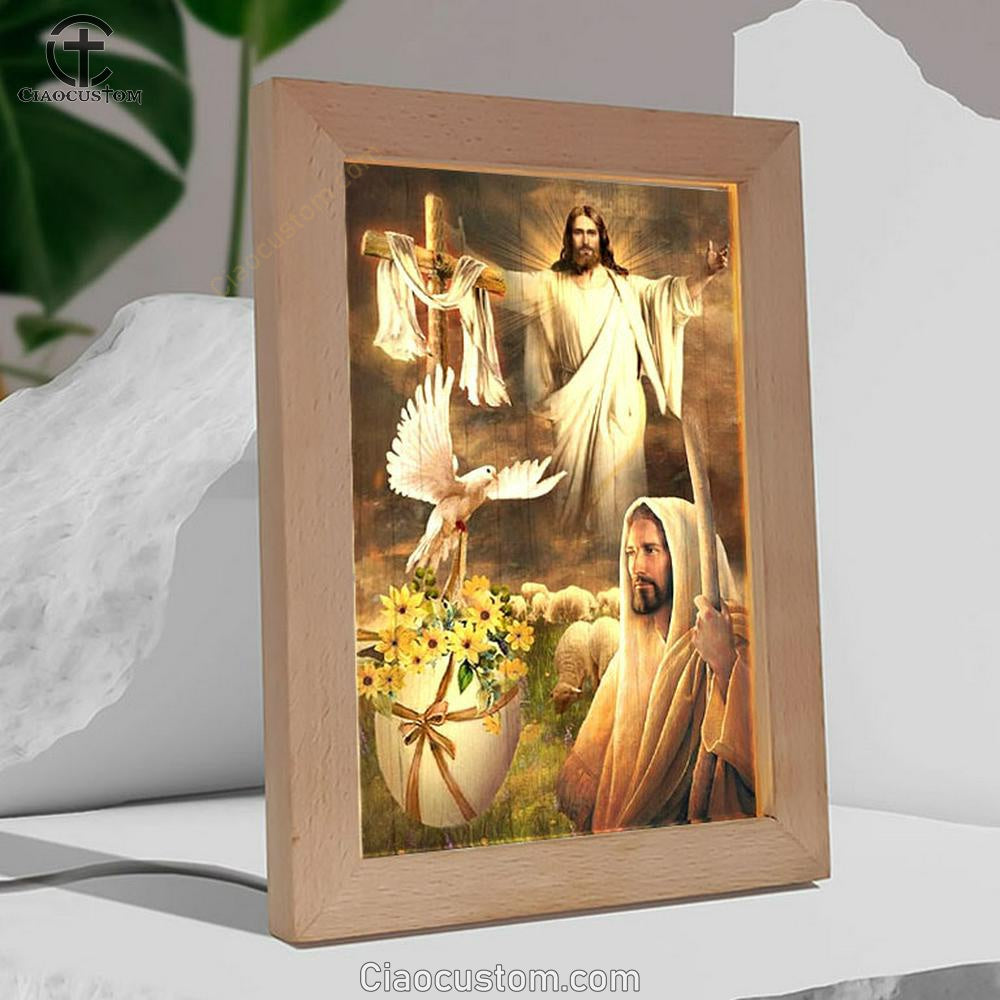 Beautiful Jesus Painting Dove Cross Yellow Flower Frame Lamp