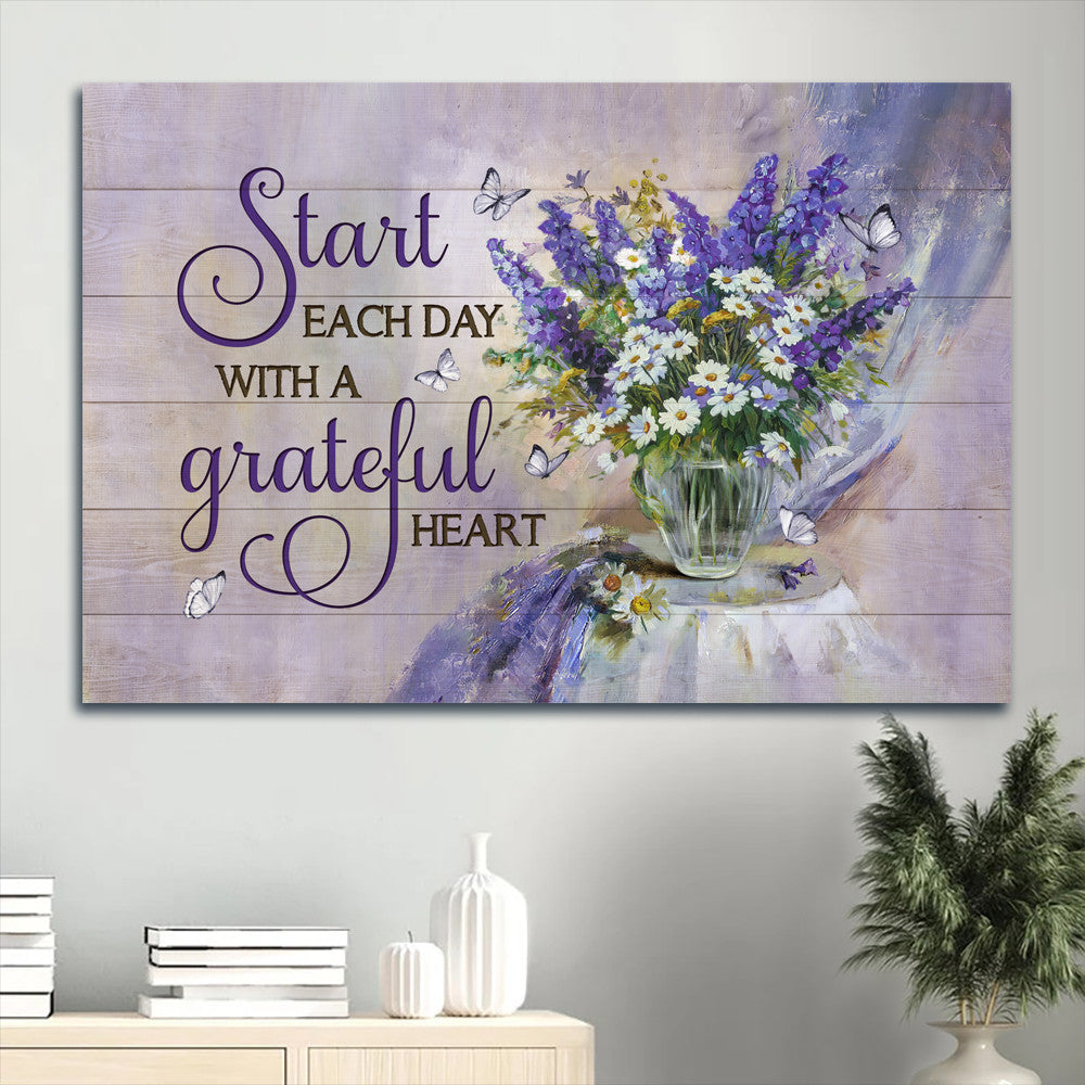 Beautiful Lavender Flower Daisy Vase Start Each Day With A Grateful Heart Canvas Wall Art - Christian Wall Decor