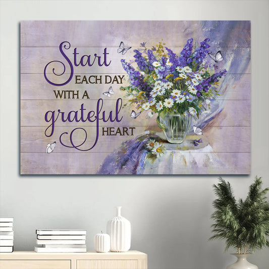 Beautiful Lavender Flower Daisy Vase Start Each Day With A Grateful Heart Canvas Wall Art - Christian Wall Decor