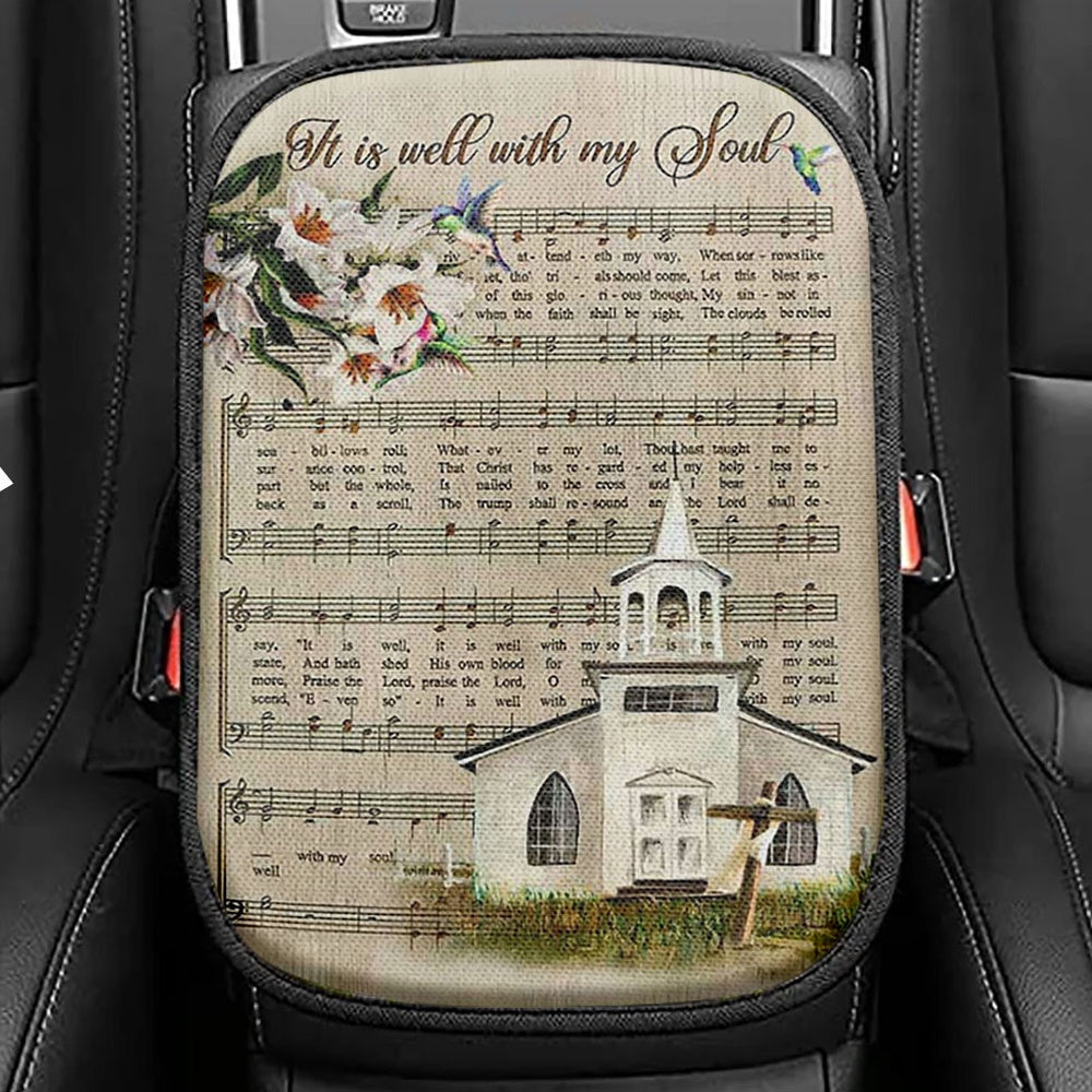 Beautiful Lily It Is Well With My Soul Seat Box Cover, Bible Verse Car Center Console Cover, Christian Inspirational Car Interior Accessories