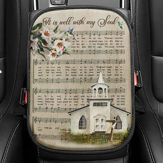 Beautiful Lily It Is Well With My Soul Seat Box Cover, Bible Verse Car Center Console Cover, Christian Inspirational Car Interior Accessories
