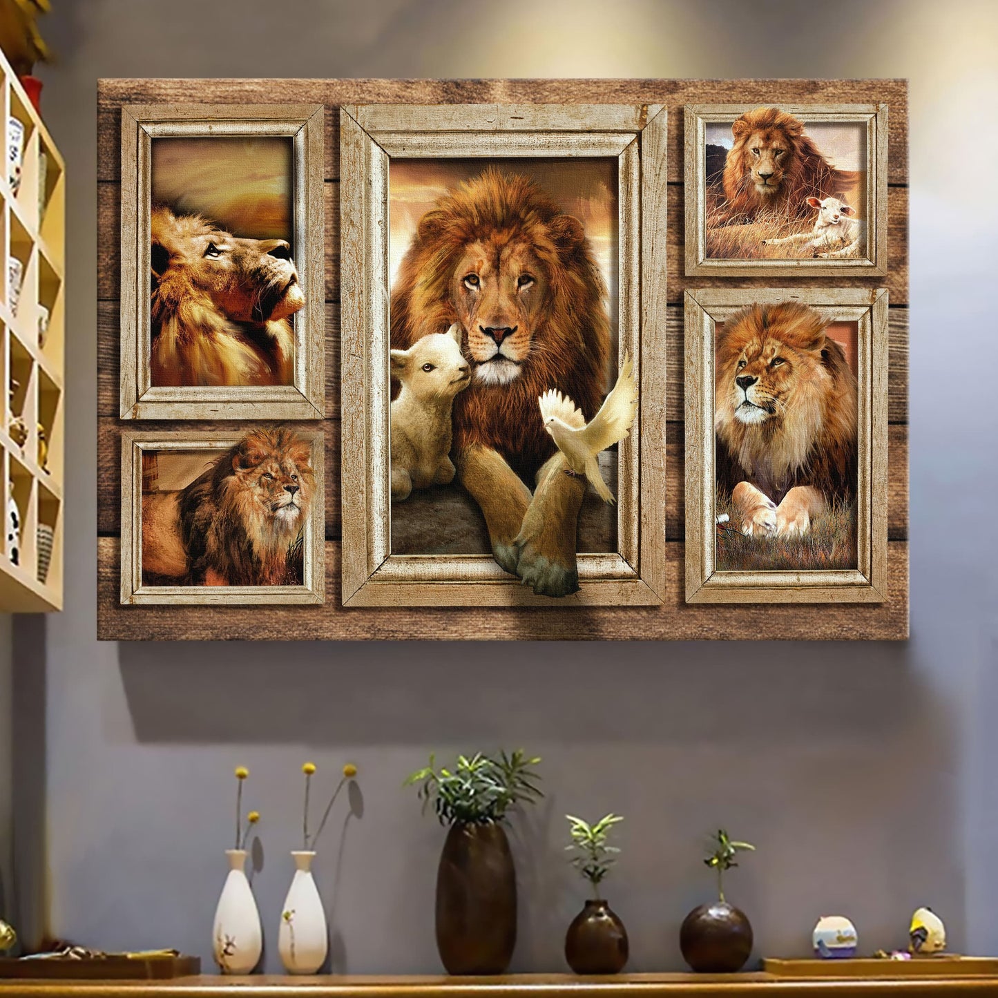 Beautiful Lion And Lamb In Picture Frames Landscape Canvas Prints - Canvas Decor Ideas