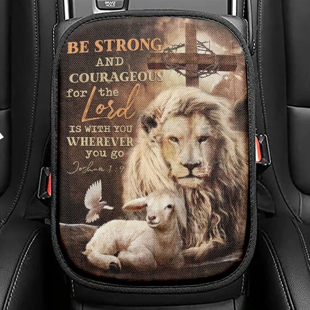 Beautiful Lion Drawing Lamb Cross Be Strong And Courageous Car Center Console Cover, Christian Armrest Seat Cover, Bible Seat Box Cover