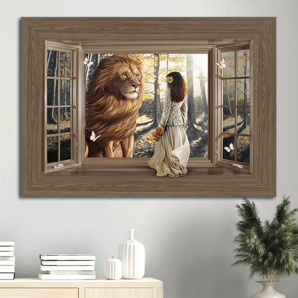 Beautiful Lion Wooden Window Pretty Girl Sunny Day Canvas Wall Art - Christian Wall Decor