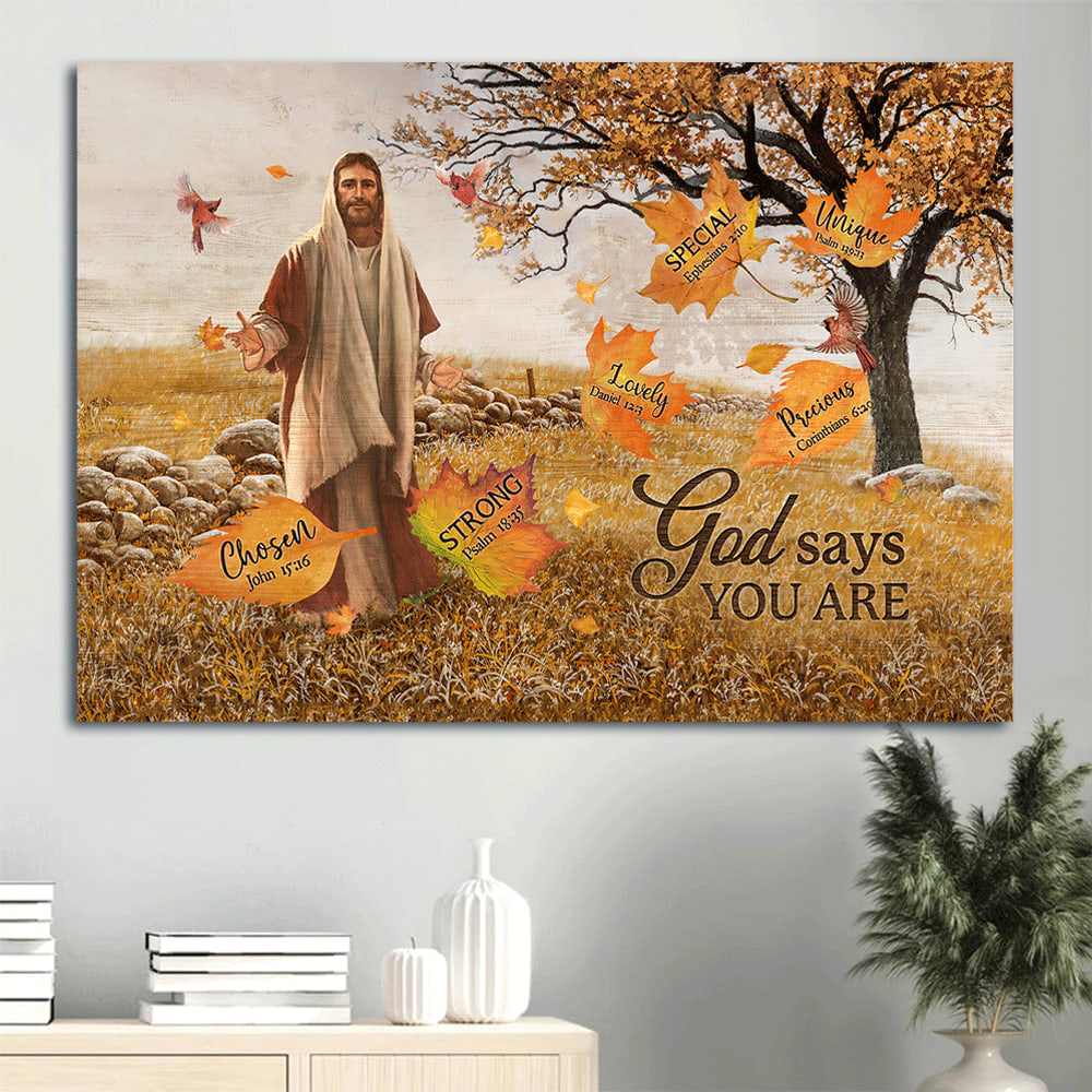 Beautiful Maple Forest Autumn Drawing Jesus Painting God Says You Are Canvas Wall Art - Christian Wall Decor