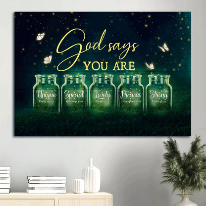 Beautiful Night Firefly Drawing Pretty Butterfly God Says You Are Unique Canvas Wall Art - Christian Wall Decor