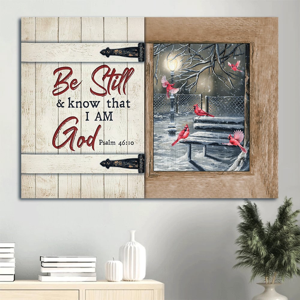 Beautiful Night Snow Drawing Cardinal Be Still And Know That I Am God Canvas Wall Art - Christian Wall Decor