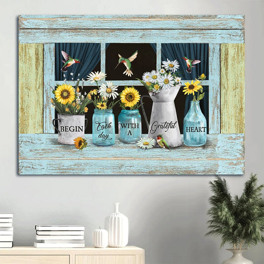 Beautiful Sunflower Daisy Drawing Begin Each Day With A Grateful Heart Canvas Wall Art - Christian Wall Decor