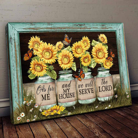 Beautiful Sunflower Jars Butterfly Picture Frame We Will Serve The Lord Canvas Wall Art - Christian Wall Decor