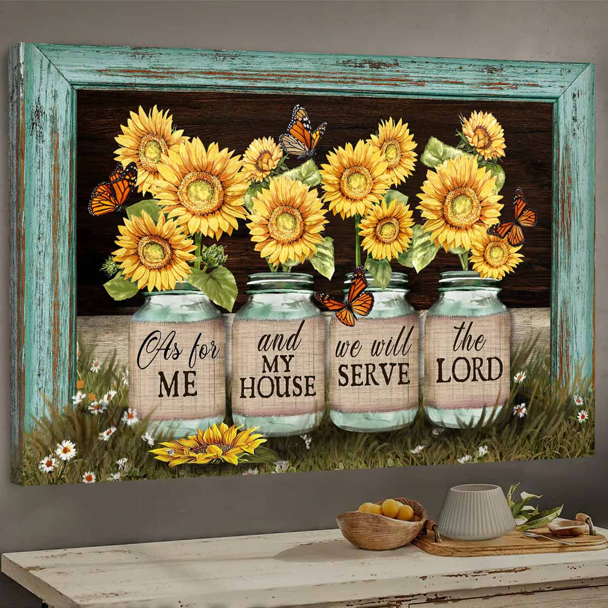 Beautiful Sunflower Jars Butterfly Picture Frame We Will Serve The Lord Canvas Wall Art - Christian Wall Decor