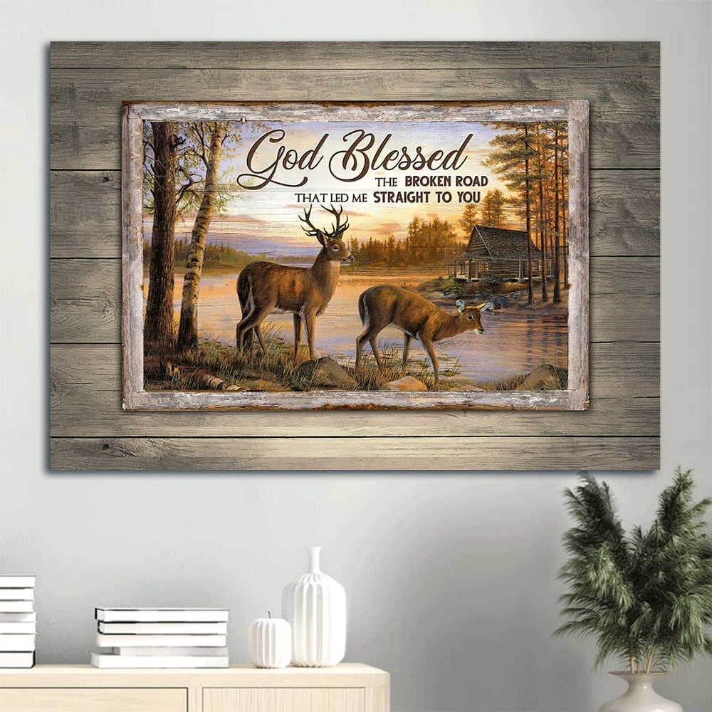 Beautiful Sunset Brown Deer River Painting God Blessed The Broken Road Canvas Wall Art - Christian Wall Decor