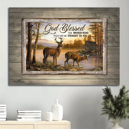 Beautiful Sunset Brown Deer River Painting God Blessed The Broken Road Canvas Wall Art - Christian Wall Decor