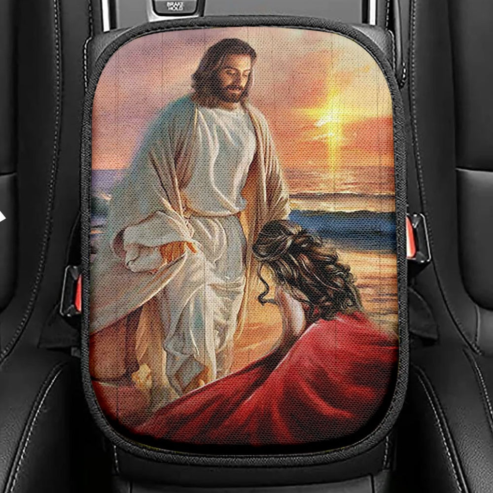 Beautiful Sunset Kneeling Before God Seat Box Cover, Bible Verse Car Center Console Cover, Christian Inspirational Car Interior Accessories
