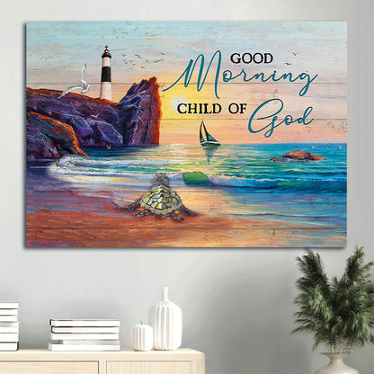 Beautiful Sunset Oldest Turtle Amazing Ocean Good Morning Child Of God Canvas Wall Art - Christian Wall Decor