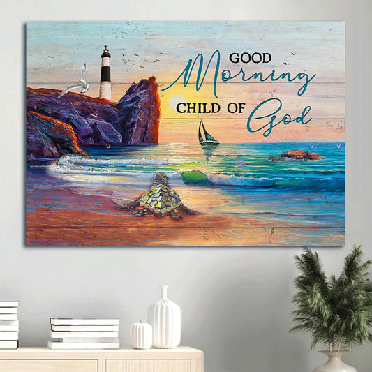 Beautiful Sunset Oldest Turtle Amazing Ocean Good Morning Child Of God Canvas Wall Art - Christian Wall Decor