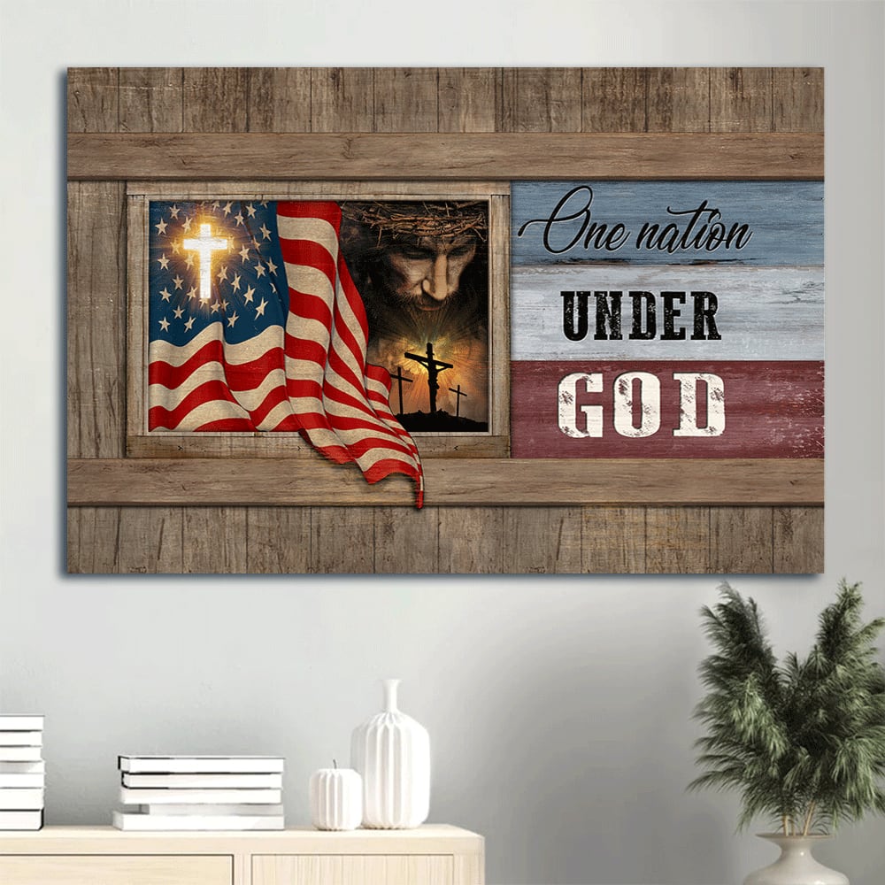 Beautiful Us Flag Face Of Jesus Window Painting One Nation Under God Canvas Wall Art - Christian Wall Decor
