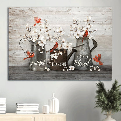 Beautiful White Flowers Red Cardinals Water Pots Simply Blessed Canvas Wall Art - Christian Wall Decor