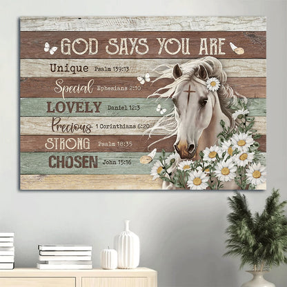 Beautiful White Horse Horse Drawing Daisy Flower God Says You Are Canvas Wall Art - Christian Wall Decor