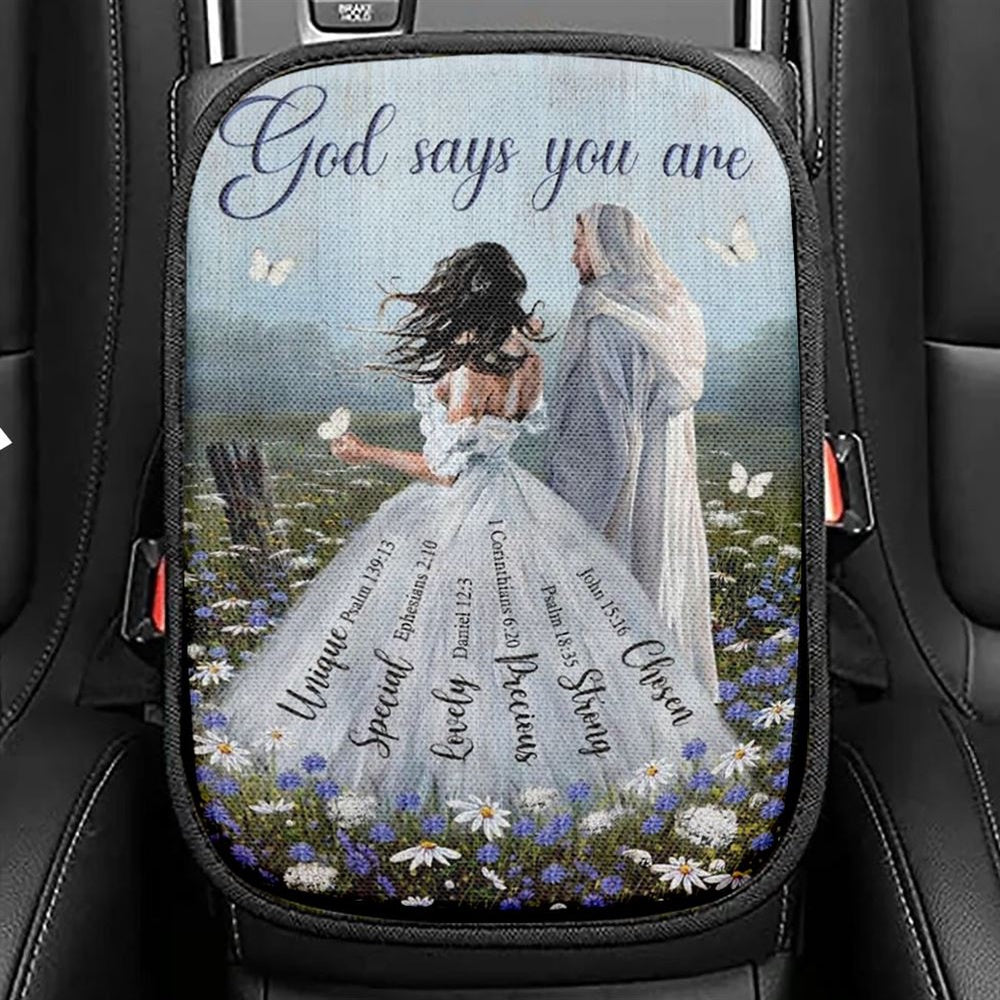 Beautiful Woman Jesus Christ God Says You Are Car Center Console Cover, Christian Armrest Seat Cover, Bible Seat Box Cover