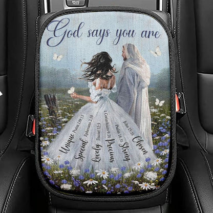 Beautiful Woman Jesus Christ God Says You Are Car Center Console Cover, Christian Armrest Seat Cover, Bible Seat Box Cover