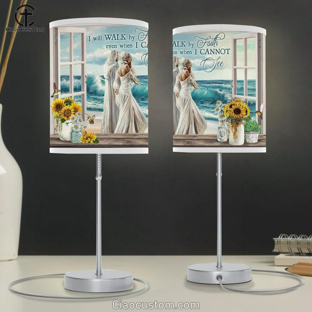 Beautiful Woman, Jesus Painting, Ocean Wave, I Will Walk By Faith Table Lamp