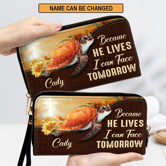 Because He Lives, I Can Face Tomorrow Clutch Purse For Women - Personalized Name - Christian Gifts For Women