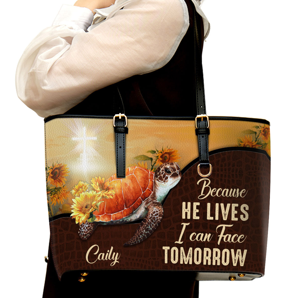 Because He Lives I Can Face Tomorrow Personalized Large Leather Tote Bag - Christian Gifts For Women