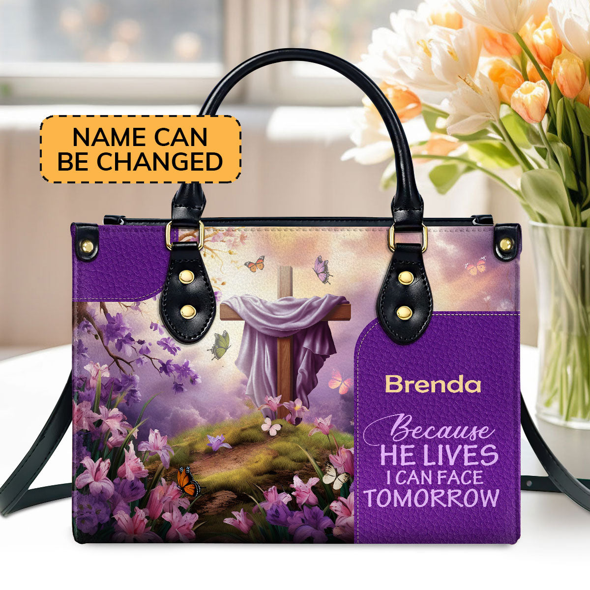 Because He Lives  Personalized Leather Handbag With Zipper - Inspirational Gift Christian Ladies