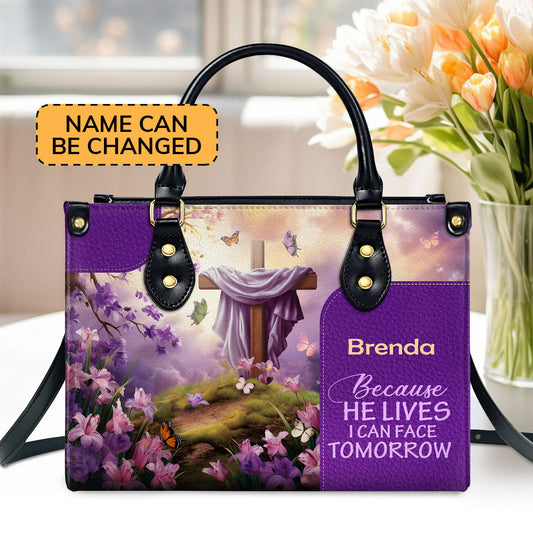 Because He Lives  Personalized Leather Handbag With Zipper - Inspirational Gift Christian Ladies