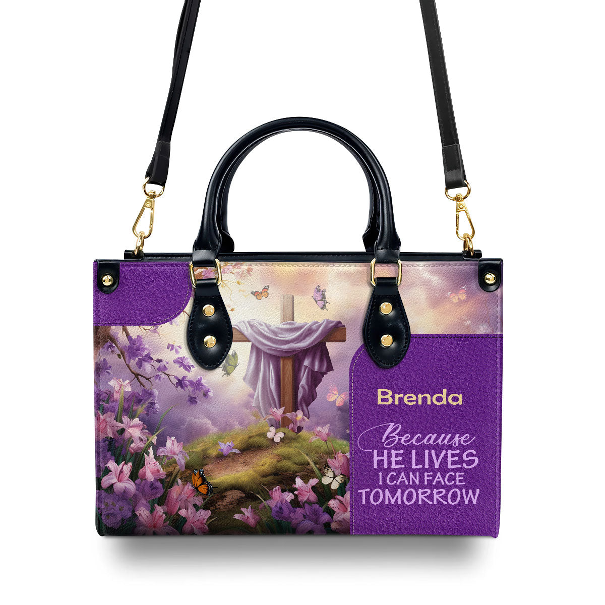 Because He Lives  Personalized Leather Handbag With Zipper - Inspirational Gift Christian Ladies