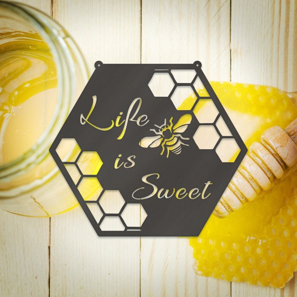 Bee Honeycomb Life Is Sweet Bee Hive Metal Sign - Outdoor Decor Metal Wall Art - Metal Signs For Home