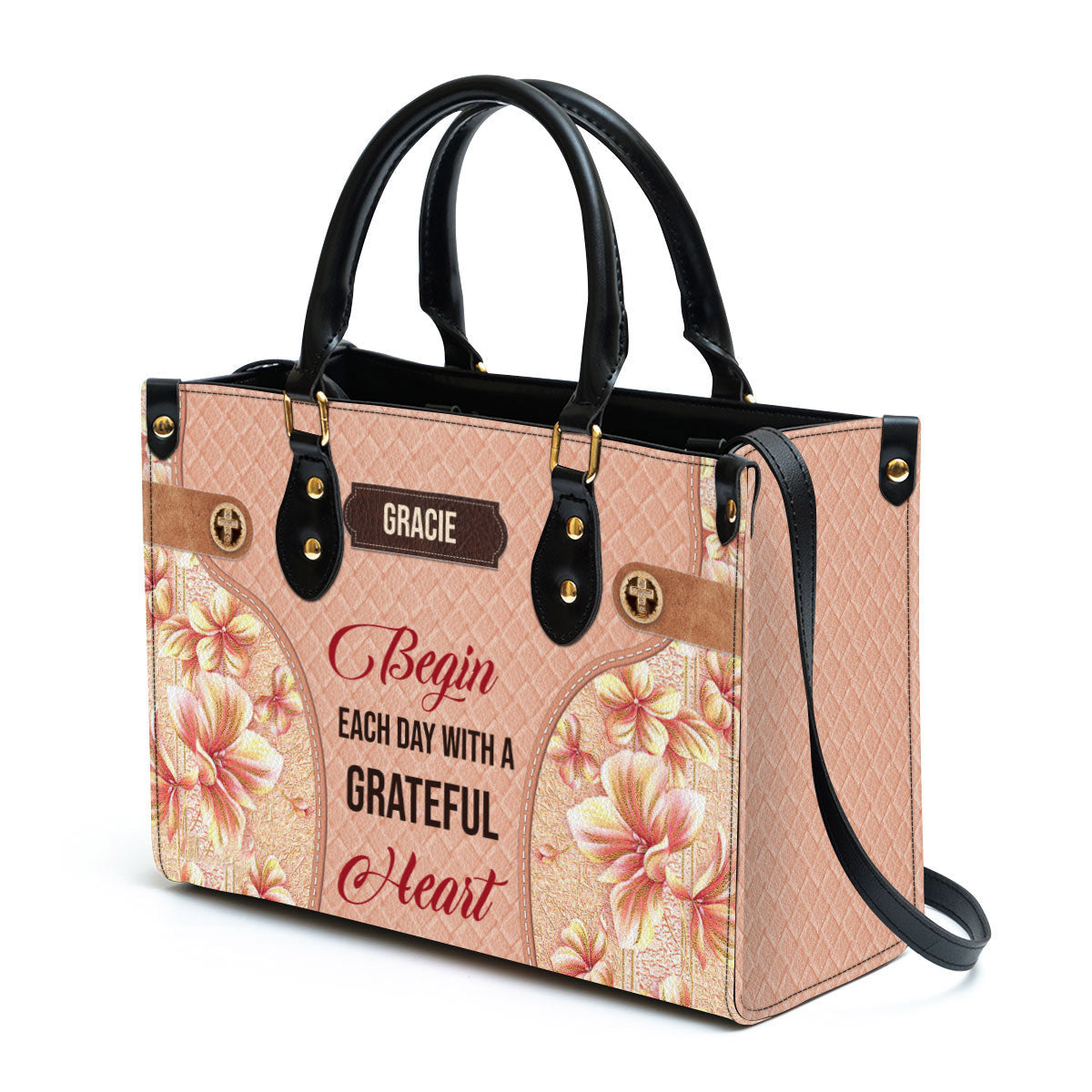 Begin Each Day With A Grateful Heart Leather Bag - Custom Name Flower Leather Handbag - Christian Gifts For Women