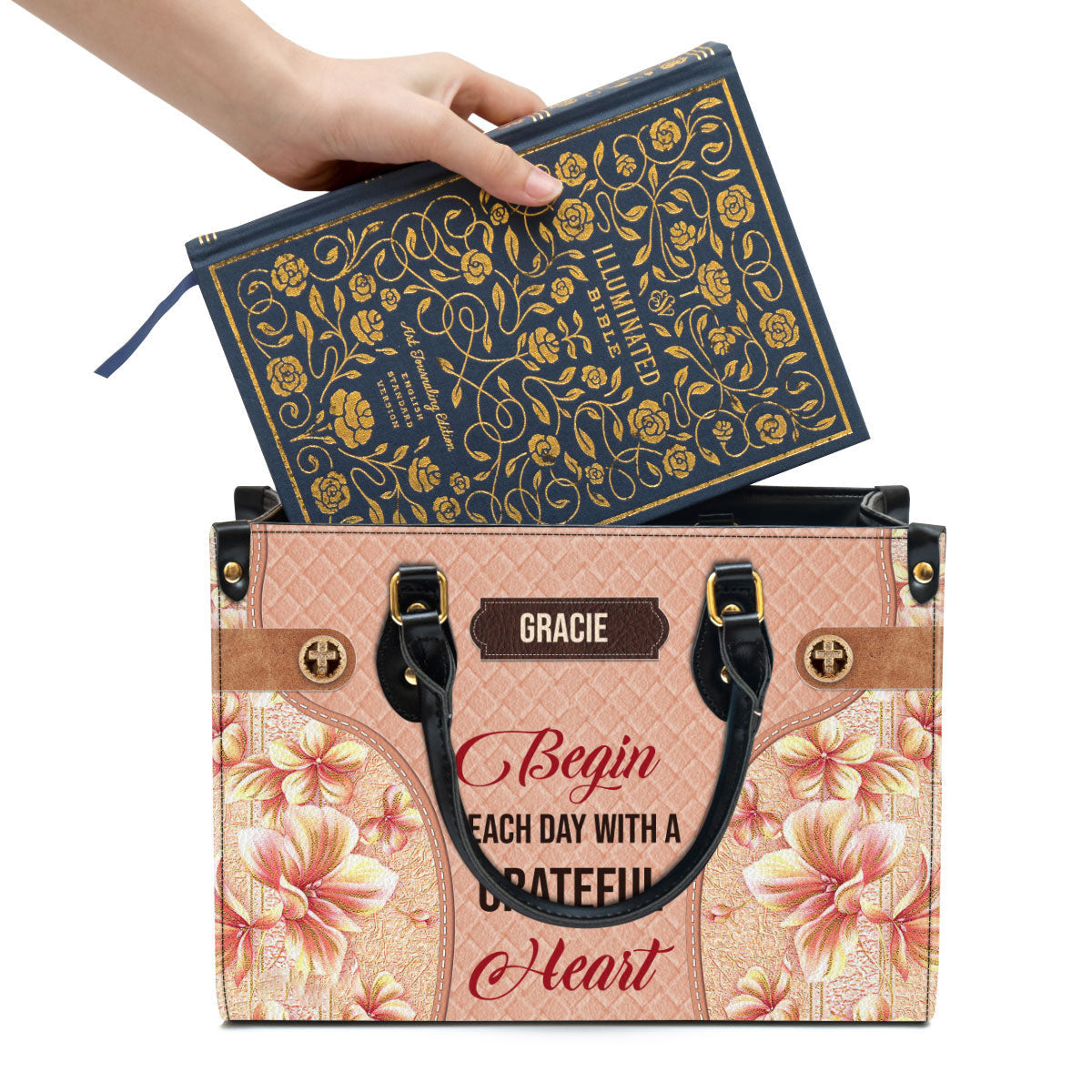 Begin Each Day With A Grateful Heart Leather Bag - Custom Name Flower Leather Handbag - Christian Gifts For Women
