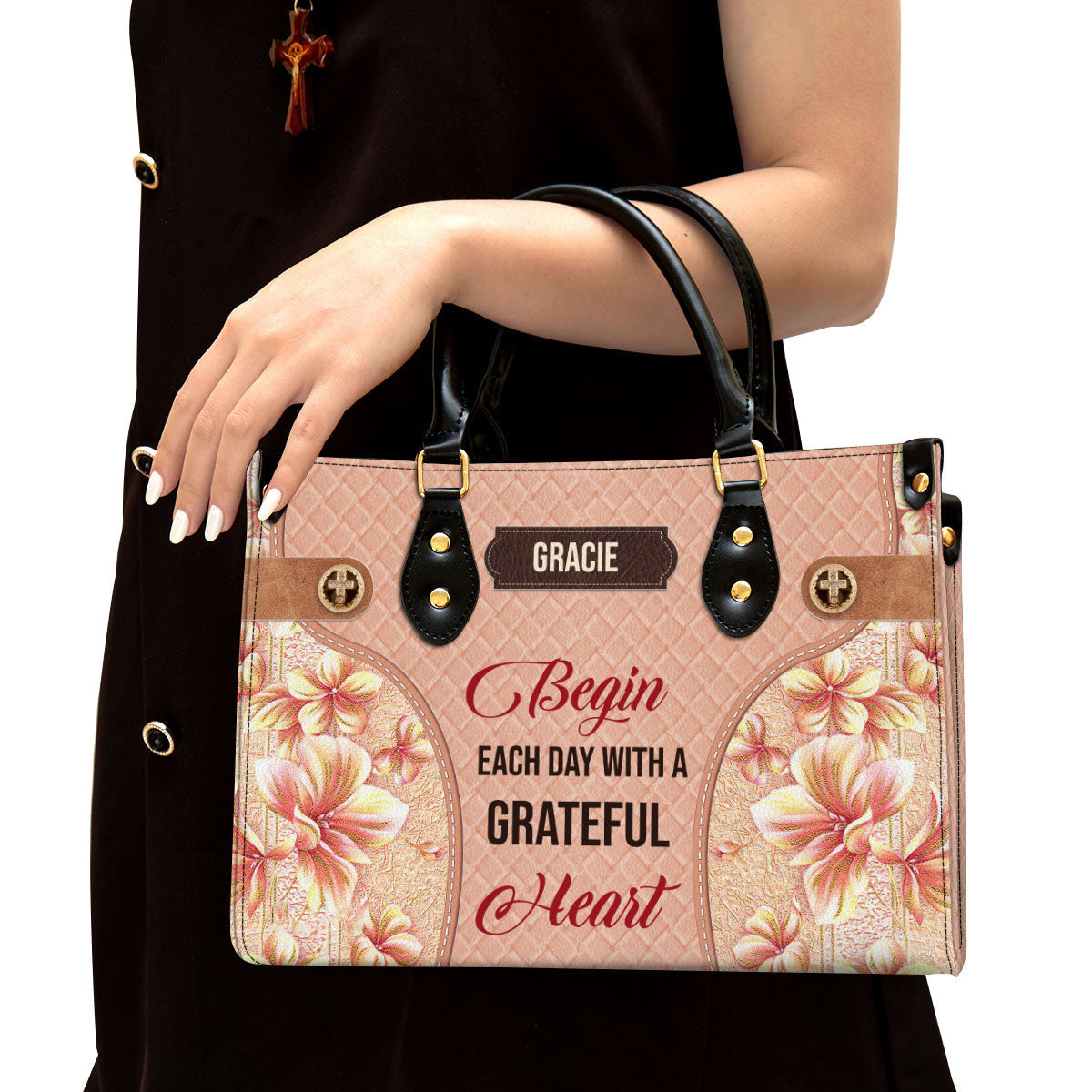 Begin Each Day With A Grateful Heart Leather Bag - Custom Name Flower Leather Handbag - Christian Gifts For Women