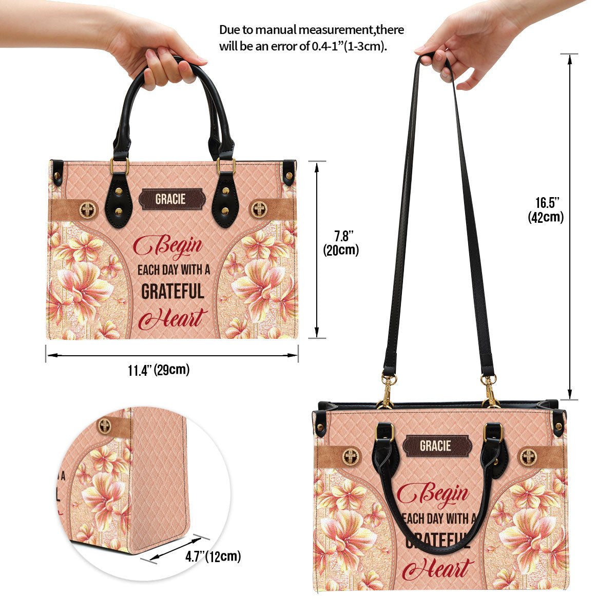 Begin Each Day With A Grateful Heart Leather Bag - Custom Name Flower Leather Handbag - Christian Gifts For Women