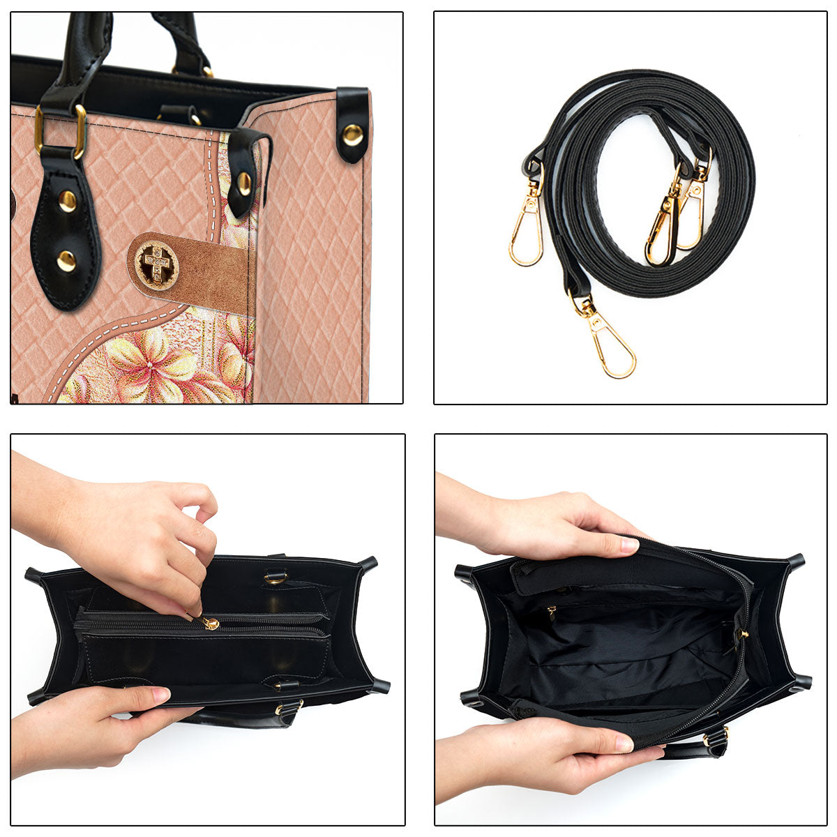 Begin Each Day With A Grateful Heart Leather Bag - Custom Name Flower Leather Handbag - Christian Gifts For Women