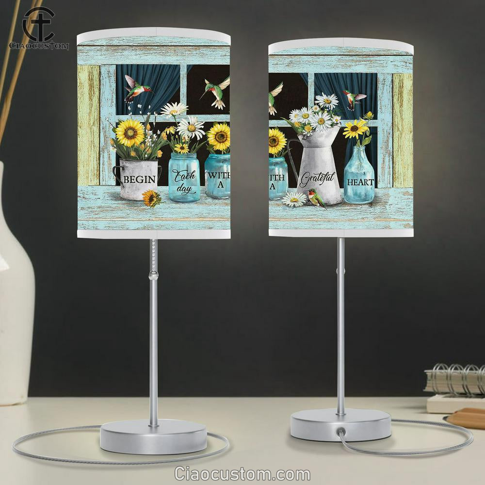 Begin Each Day With A Grateful Heart Sunflower Daisy Table Lamp Prints - Religious Table Lamp Art - Christian Home Decor