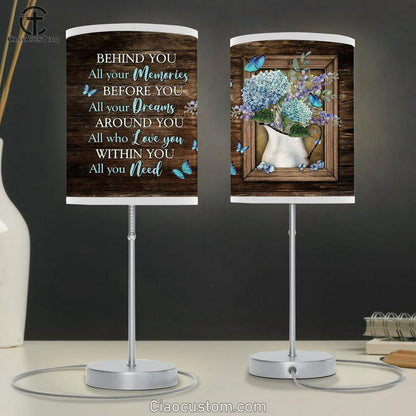 Behind You, All Your Memories Blue Hydrangea Butterfly Lamp Art Table Lamp - Christian Lamp Art - Religious Art
